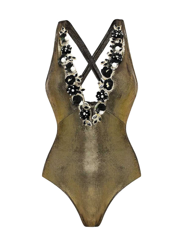 1970s Metallic Deep V-Neck 3D Floral Swimsuit & Cover-Up - vintage swimsuit, pin-up style