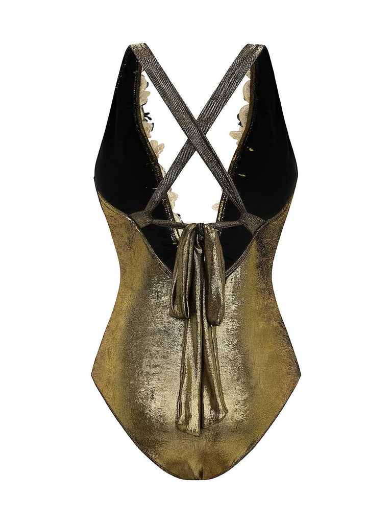 1970s Metallic Deep V-Neck 3D Floral Swimsuit & Cover-Up - vintage swimsuit, pin-up style