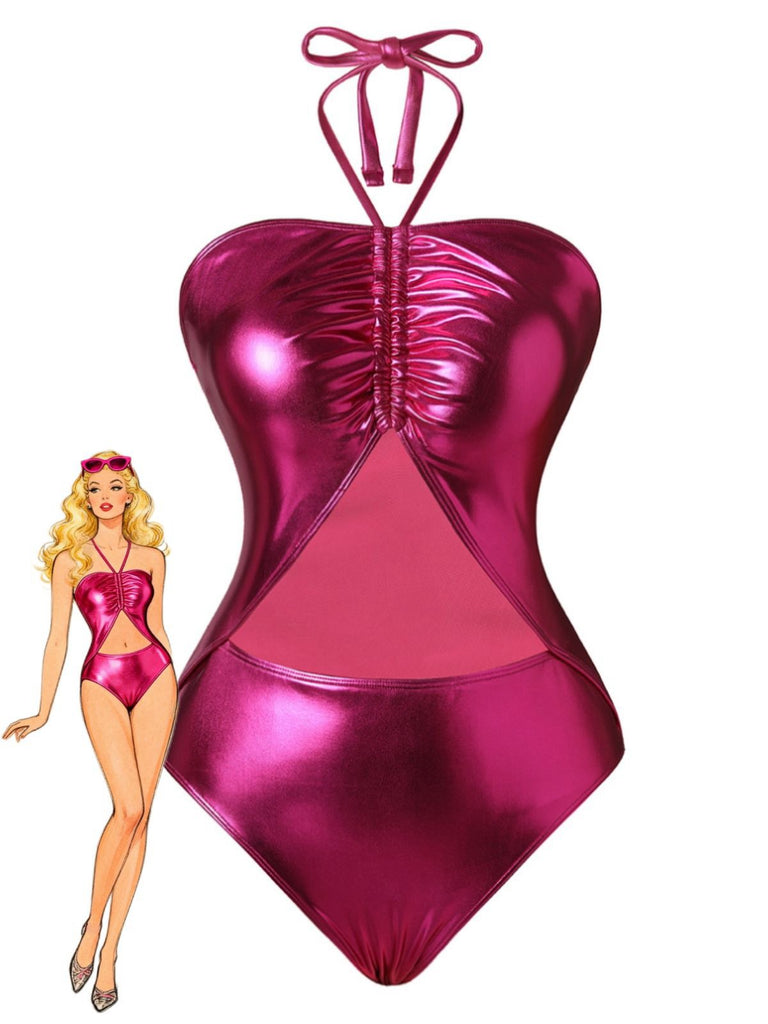 1970s Metallic Halter Neck Cutout One-Piece Swimsuit - vintage swimsuit, pin-up style