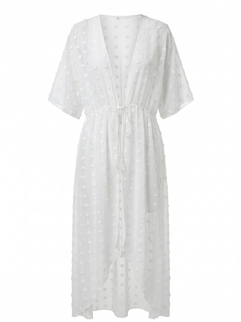 1970s Tie Sheer Polka Dot Maxi Cover-Up Dress - vintage dress, retro fashion