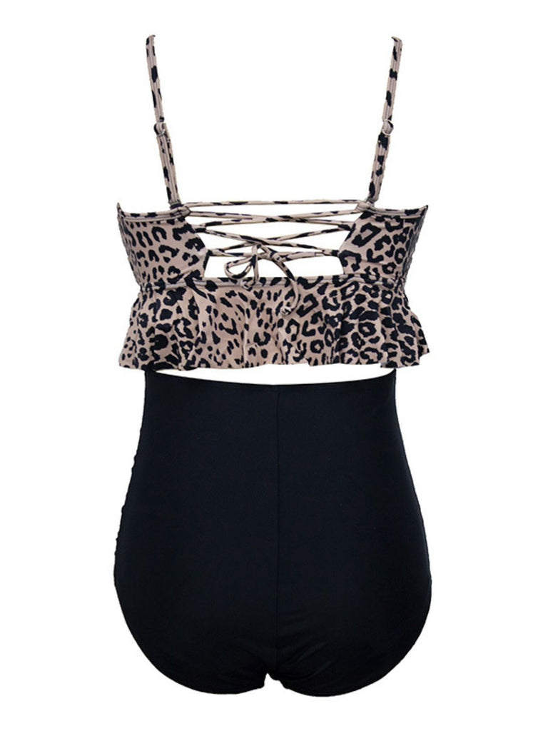 This 1970s Tummy Control Leopard Ruffled Tankini Set carries 1970s vacation dreams in every stitch