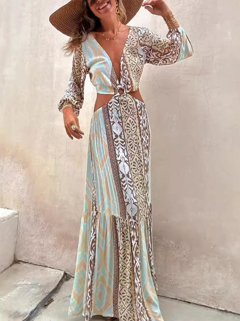 1970s V-Neck Boho Geometric Print Cutout Maxi Dress