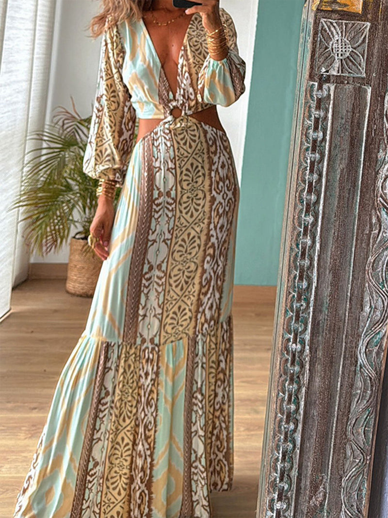 1970s V-Neck Boho Geometric Print Cutout Maxi Dress