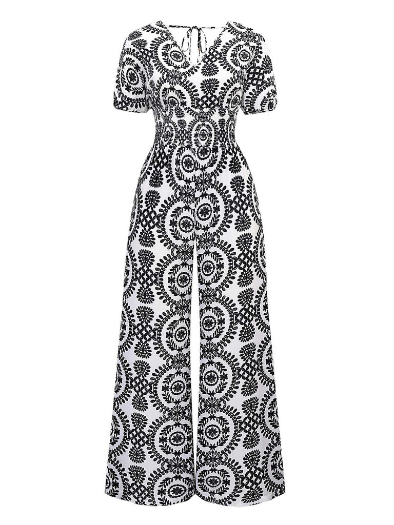 1970s V-Neck Boho Puff Sleeve Wide-Leg Jumpsuit - vintage jumpsuit, retro fashion