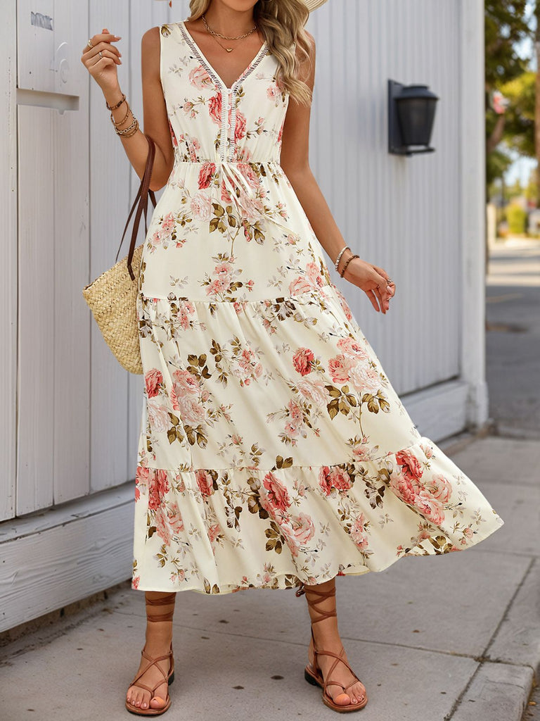 1970s V-Neck Boho Roses Tiered Dress - vintage dress, retro fashion, elegant red
