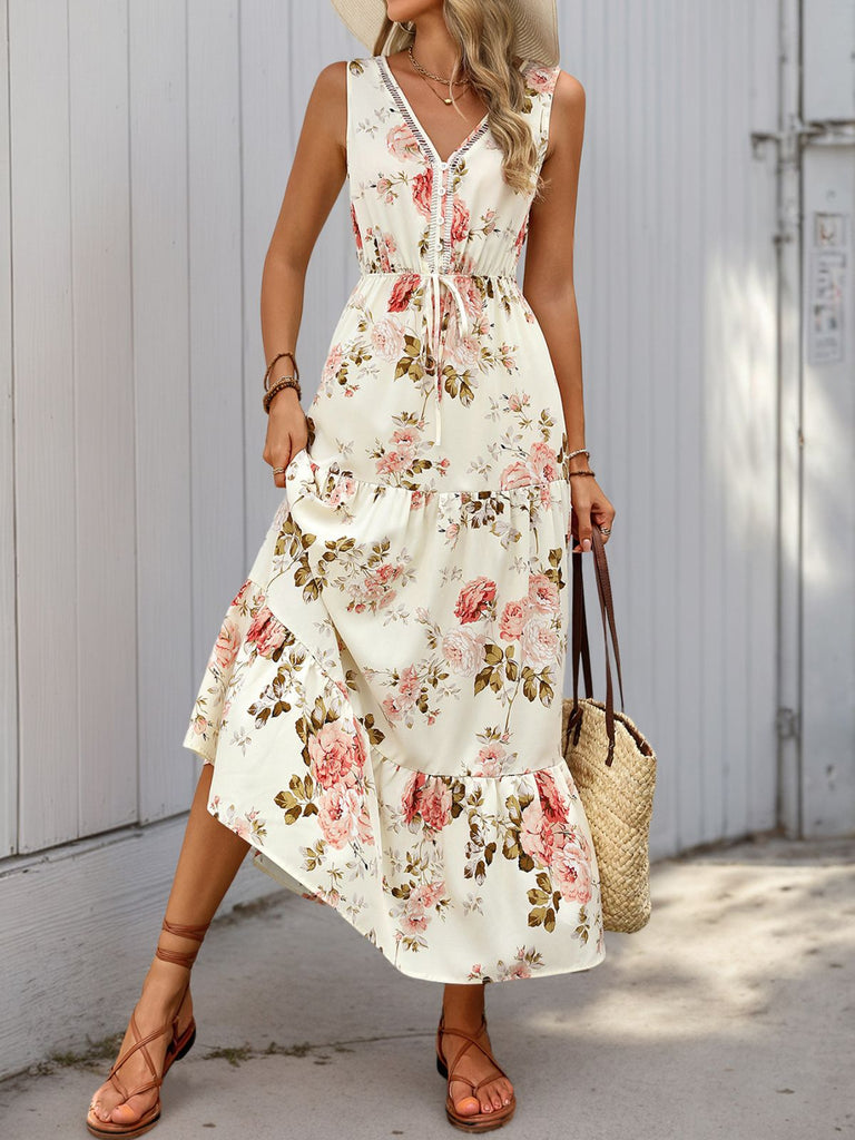 1970s V-Neck Boho Roses Tiered Dress - vintage dress, retro fashion, elegant red