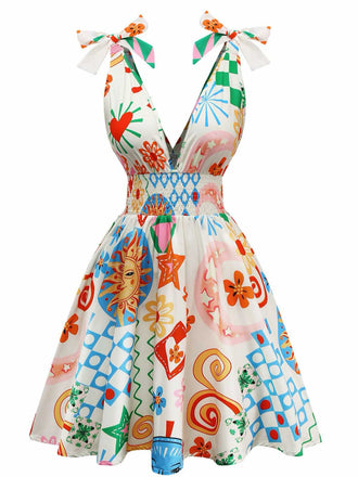 1970s V-Neck Boho Smocked Sleeveless Dress - vintage dress, retro fashion