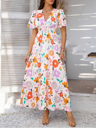 1970s V-Neck Boho Smocked-Waist Floral Dress - vintage dress, retro fashion