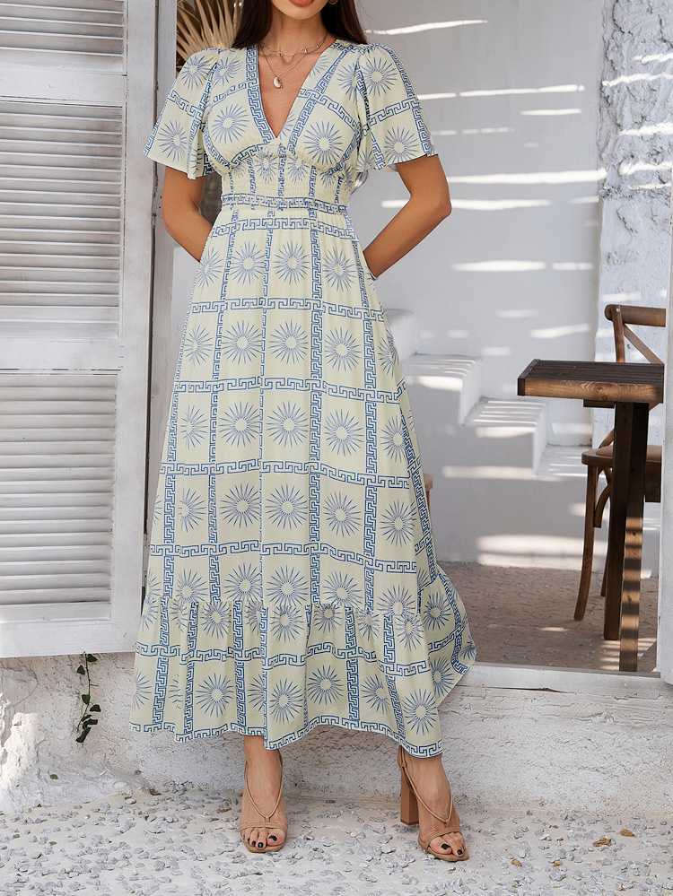 vintage floral boho dress Women's V-Neck Smocked-Waist Color:WHITE/LIGHT BLUE up neckline give the Winston Porter Kostka Modern jet drop earrings