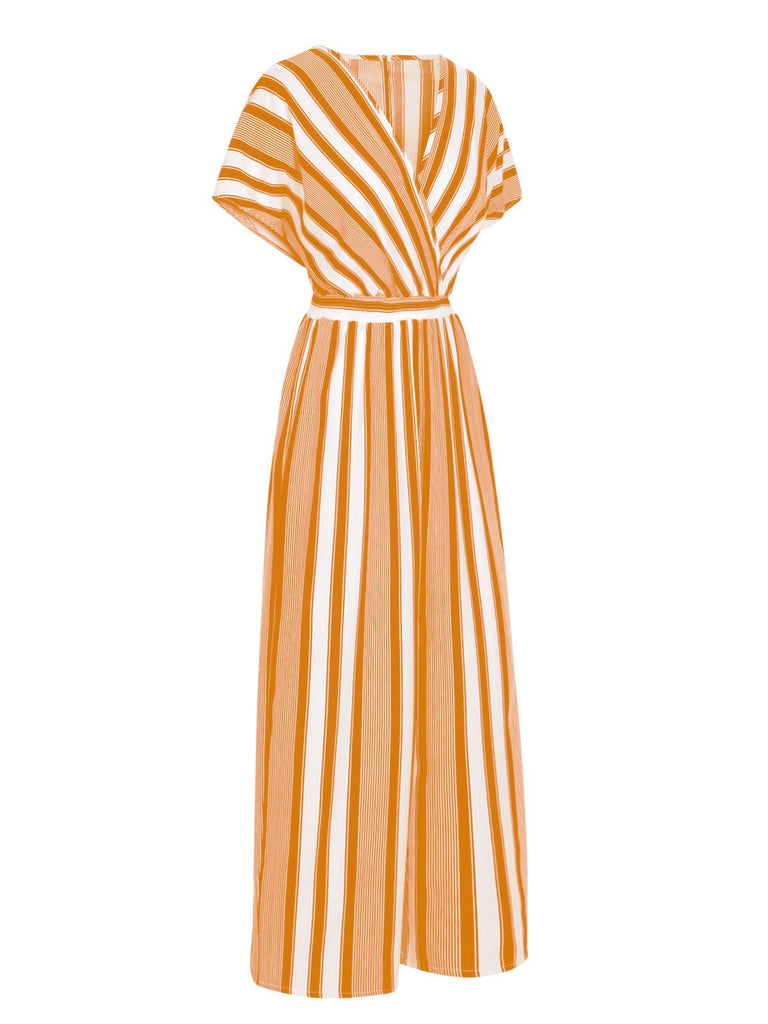 1970s V-Neck Contrast Stripes Jumpsuit — 1970s vintage charm for her modern wardrobe