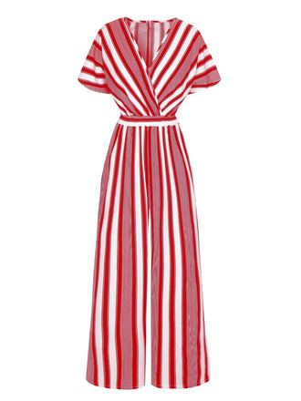 She finds her 1970s story in this 1970s V-Neck Contrast Stripes Jumpsuit