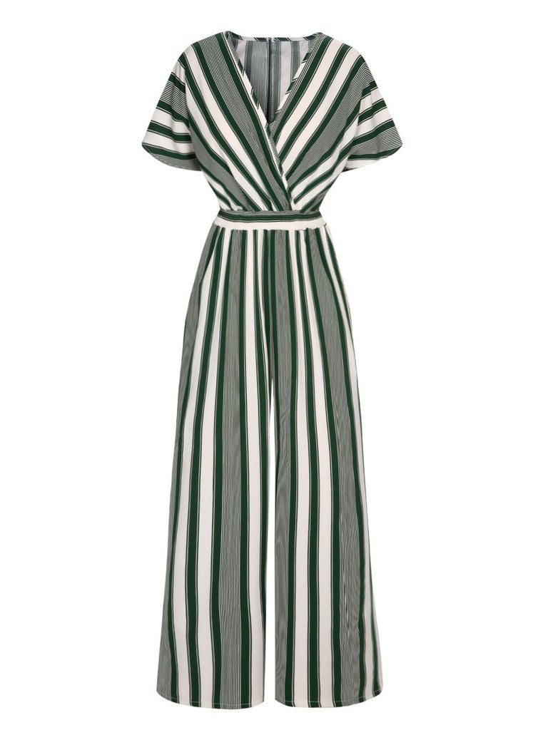 1970s V-Neck Contrast Stripes Jumpsuit — 1970s vintage charm for her modern wardrobe