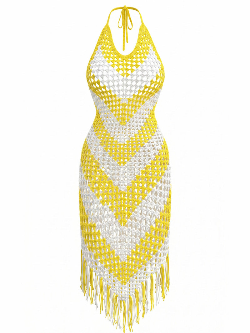1970s V-Neck Crochet Fringe Cover-Up Dress