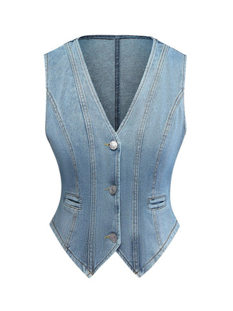 1970s V-Neck Denim Cropped Vest - vintage fashion, retro style