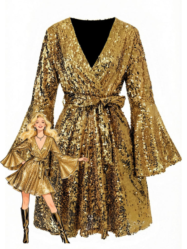 casual white maxi dress Disco Sequined V-Neck Flare Sleeve Mini Dress for Holiday Party Pink