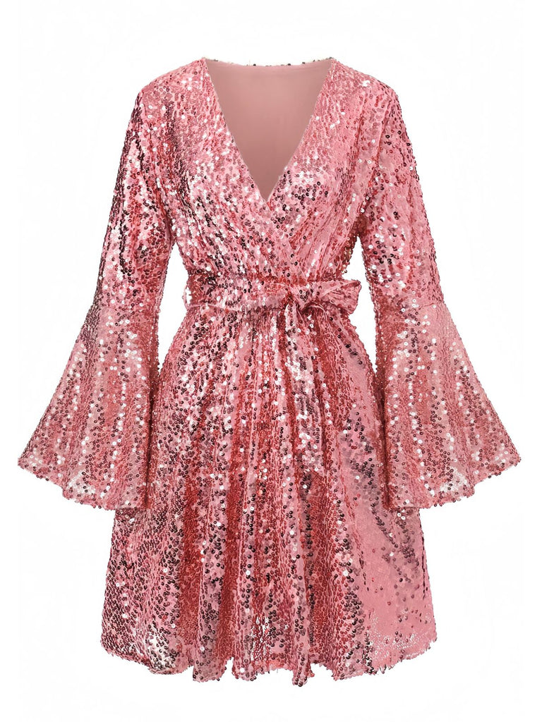 Disco Sequined V-Neck Flare Sleeve Mini Dress for Holiday Party Pink Disco Sequined V-Neck Flare Sleeve Mini Dress for Holiday Party Pink