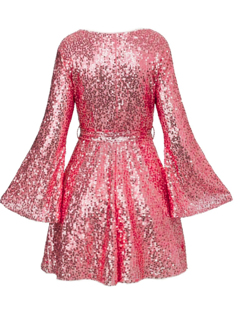 Disco Sequined V-Neck Flare Sleeve Mini Dress for Holiday Party Pink Disco Sequined V-Neck Flare Sleeve Mini Dress for Holiday Party Pink
