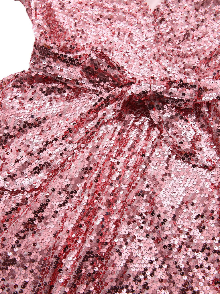 Disco Sequined V-Neck Flare Sleeve Mini Dress for Holiday Party Pink Disco Sequined V-Neck Flare Sleeve Mini Dress for Holiday Party Pink