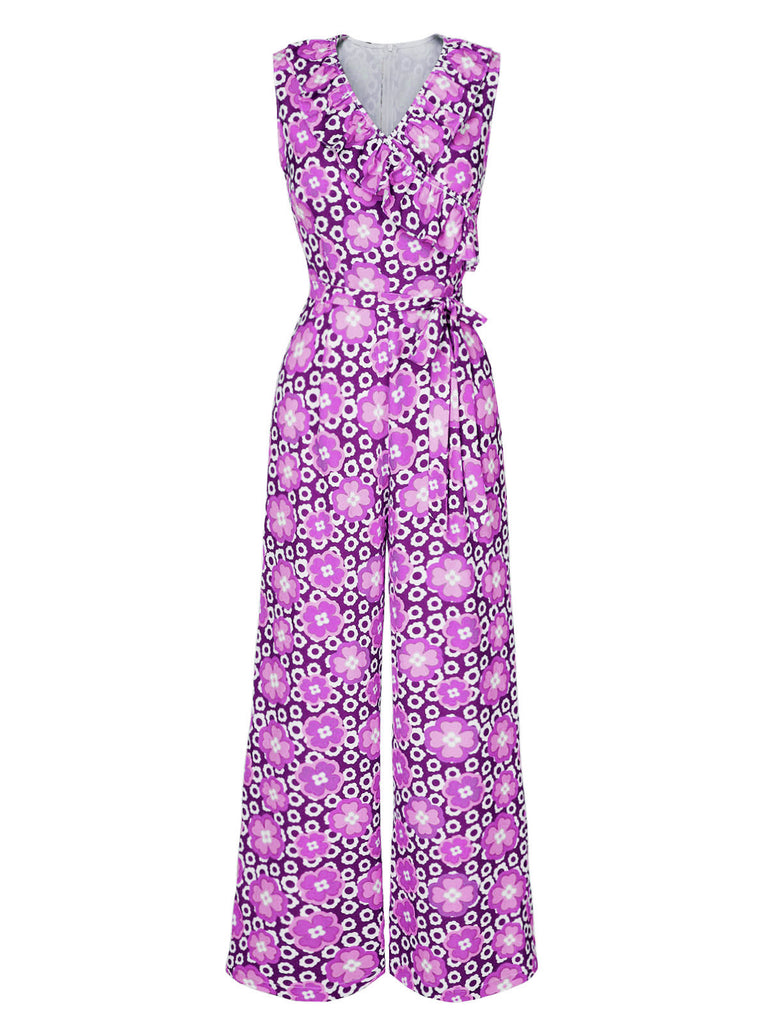 1970s V-Neck Floral Belted Sleeveless Jumpsuit: 1970s detail work for the woman who notices