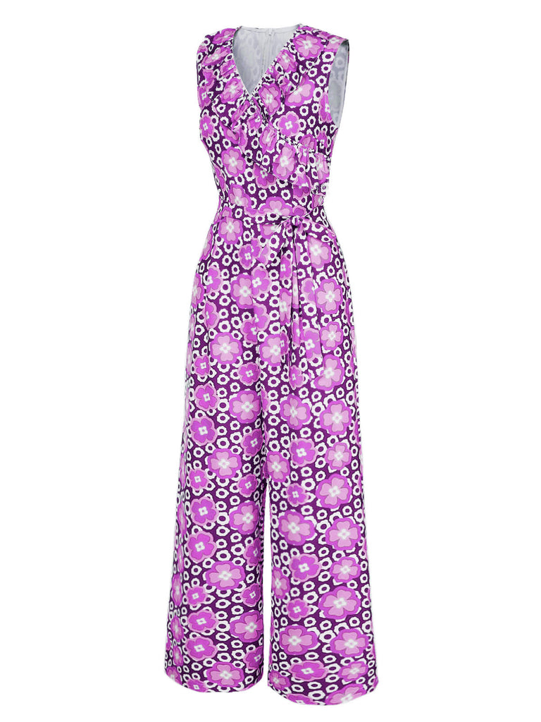 This 1970s V-Neck Floral Belted Sleeveless Jumpsuit carries 1970s stories waiting to be told