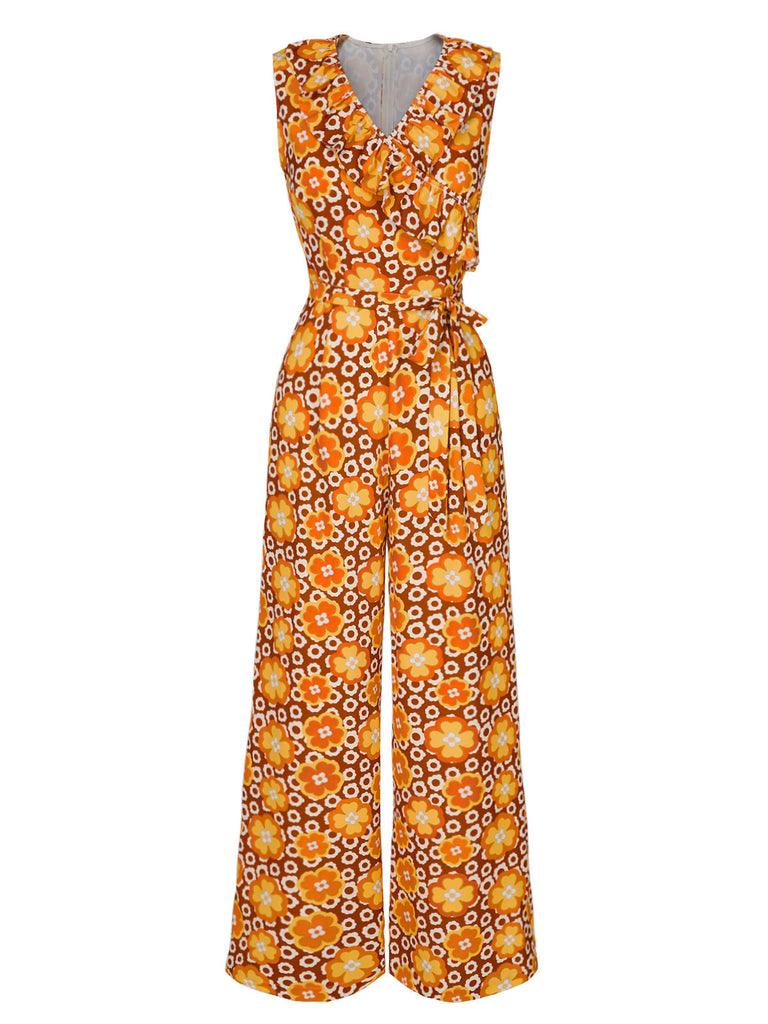 1970s V-Neck Floral Belted Sleeveless Jumpsuit: 1970s detail work for the woman who notices