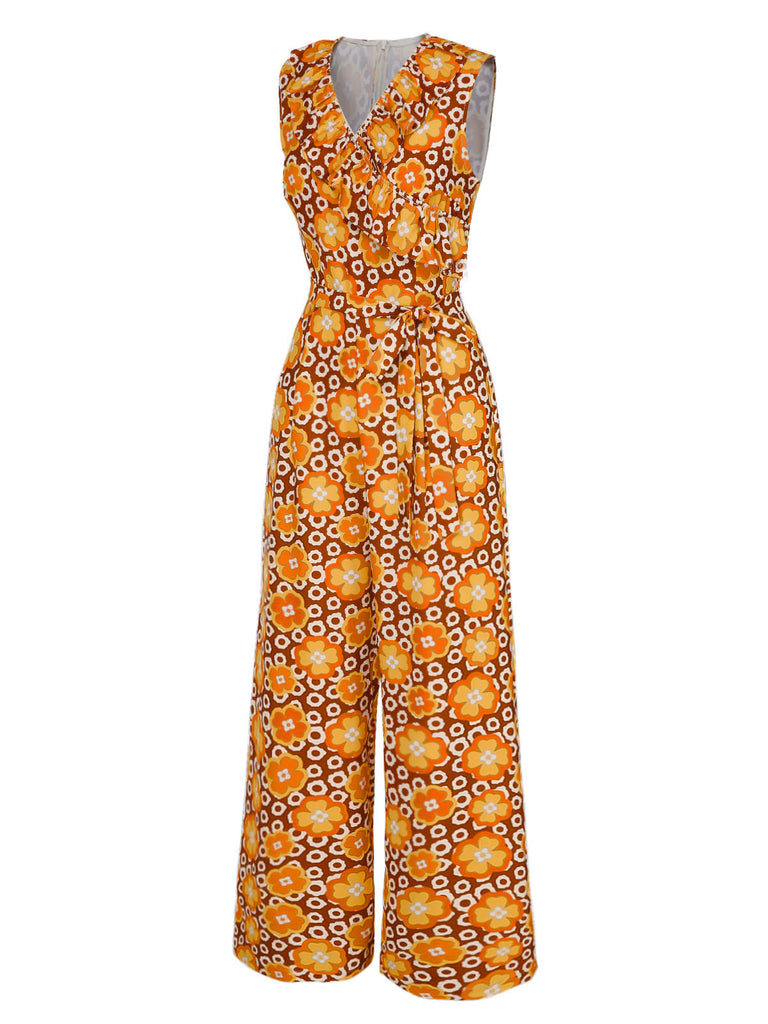 This 1970s V-Neck Floral Belted Sleeveless Jumpsuit carries 1970s stories waiting to be told