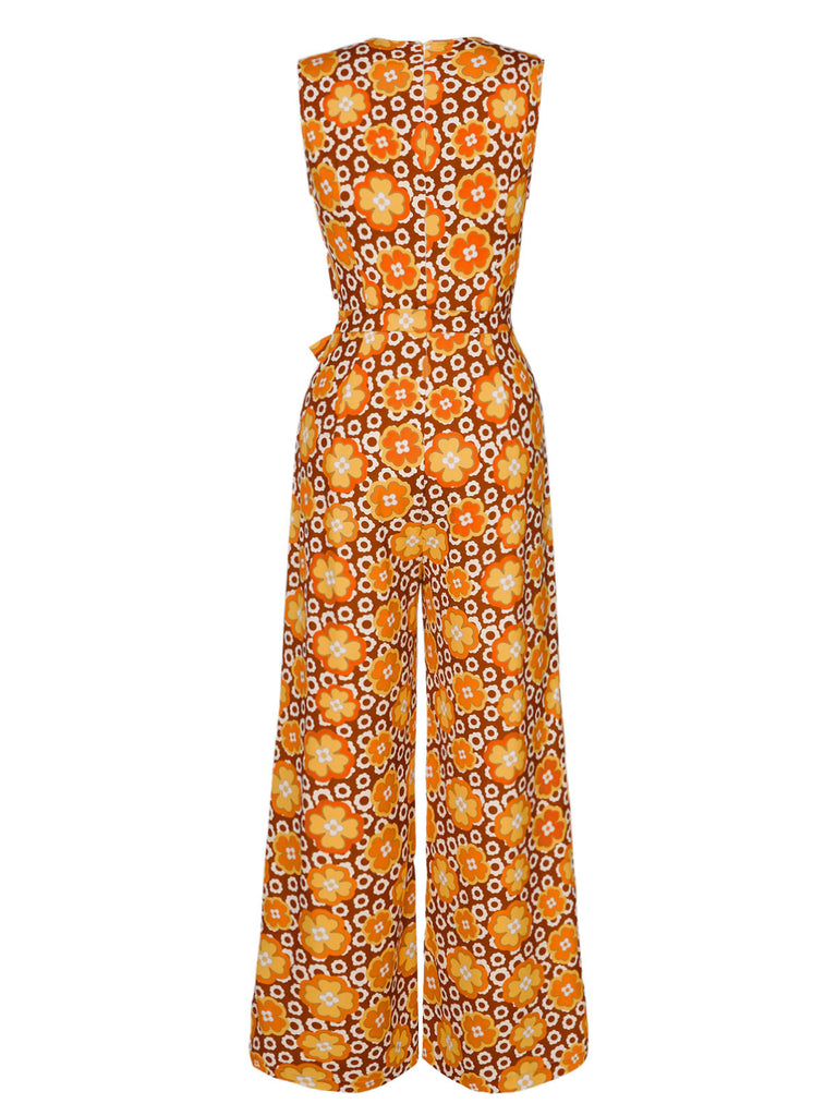 1970s V-Neck Floral Belted Sleeveless Jumpsuit — 1970s elegance in the palm of her hand