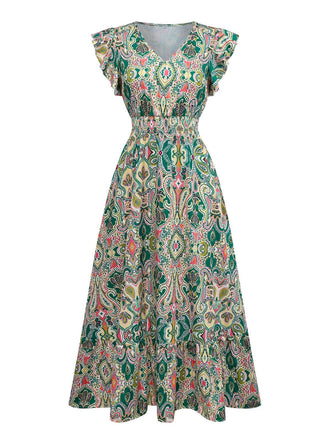1970s V-Neck Paisley Print Ruffed Sleeve Dress - vintage dress, retro fashion
