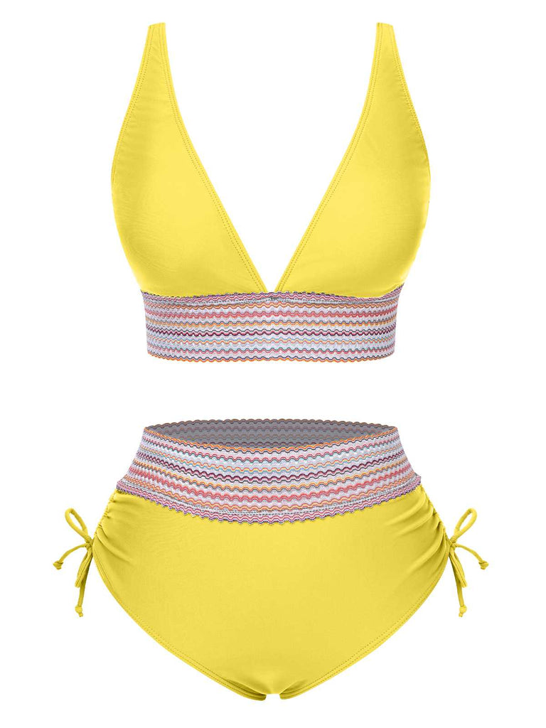 1970s V-Neck Patchwork High-Waist Bikini — because 1970s glamour never goes out of style