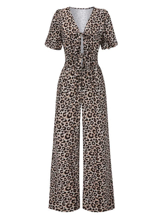 She finds her 1970s story in this 1970s V-Neck Puff Sleeve Leopard Jumpsuit
