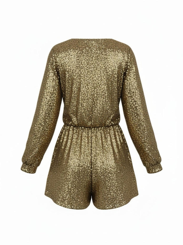 1970s V-Neck Sequin Long Sleeve Romper - vintage jumpsuit, retro fashion