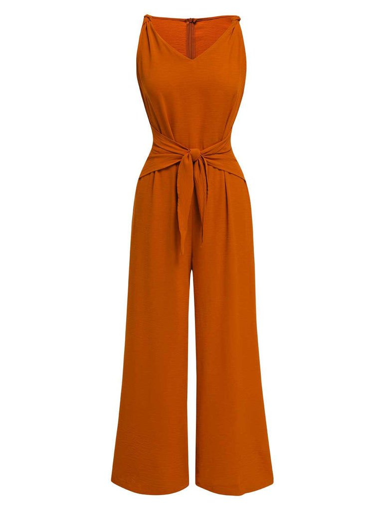 She finds her 1970s story in this 1970s V-Neck Tie-Front Solid Jumpsuit