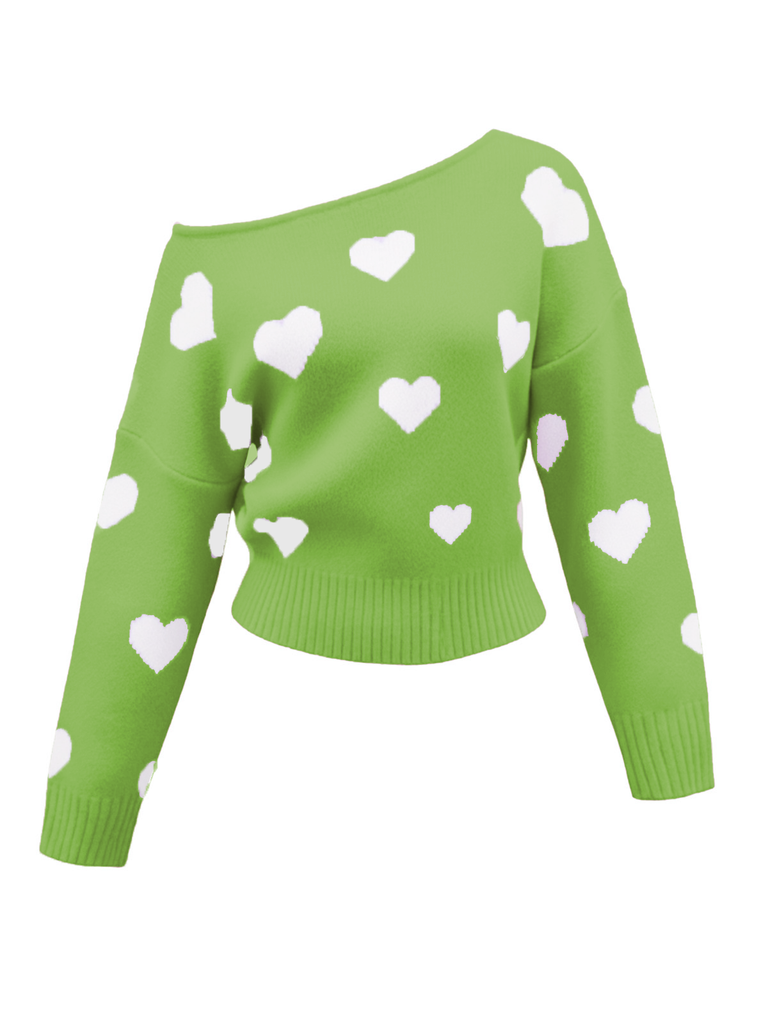 1970s Valentine Heart Asymmetrical Shoulder Pullover Sweater - vintage fashion, retro style