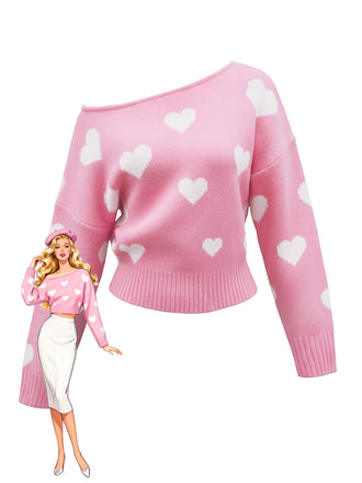 1970s Valentine Heart Asymmetrical Shoulder Pullover Sweater - vintage fashion, retro style