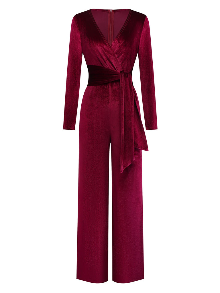 1970s Velvet Deep V-Neck Long Sleeve Jumpsuit - vintage jumpsuit, retro fashion