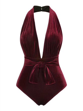 Dark 1970s Velvet Deep V-Neck Swimsuit — because 1970s glamour never goes out of style