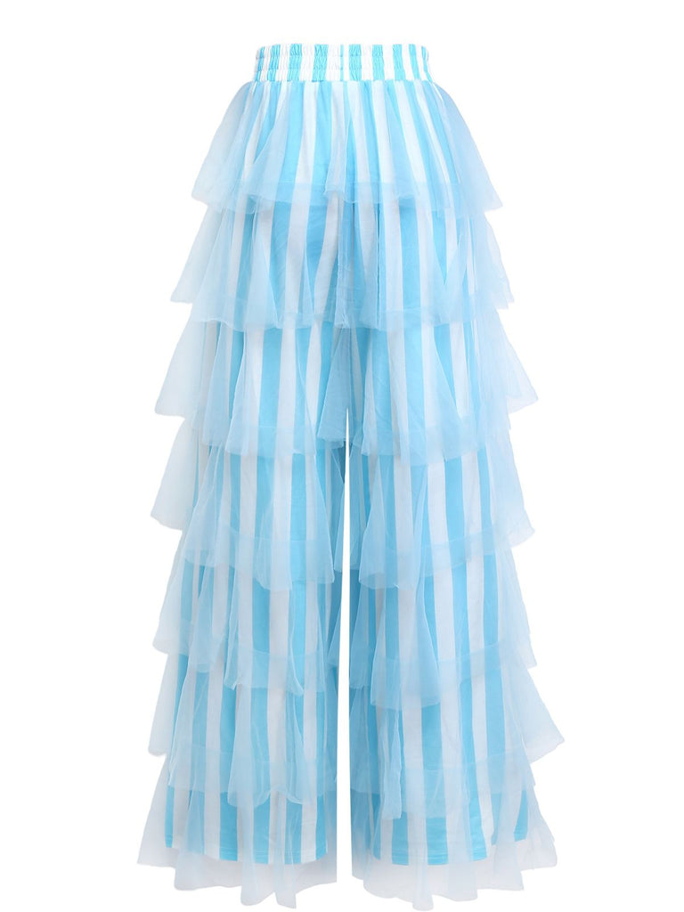 1970s Vertical Stripe Mesh Tiered Ruffle Pants - vintage fashion, retro style, elegant red