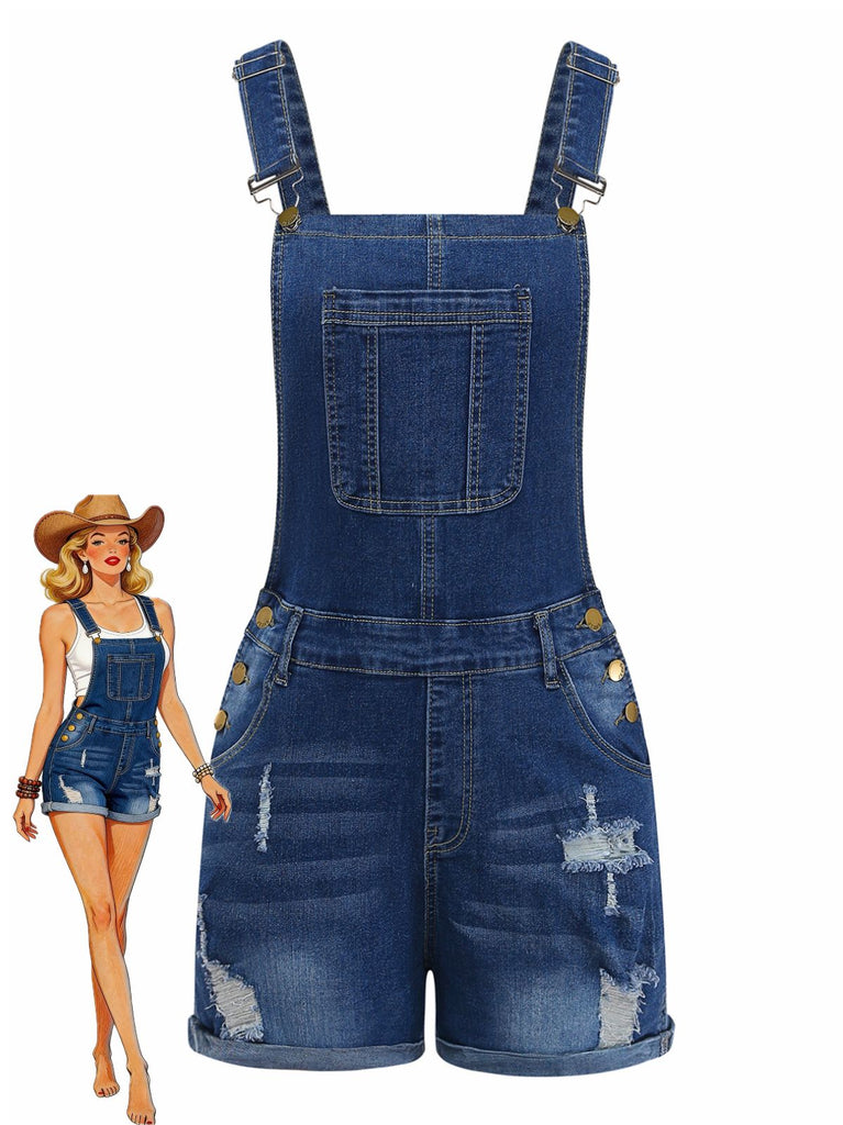 Blue denim overalls with a doll wearing them on a white background