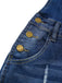 Close-up of blue denim jeans with gold buttons on a white background