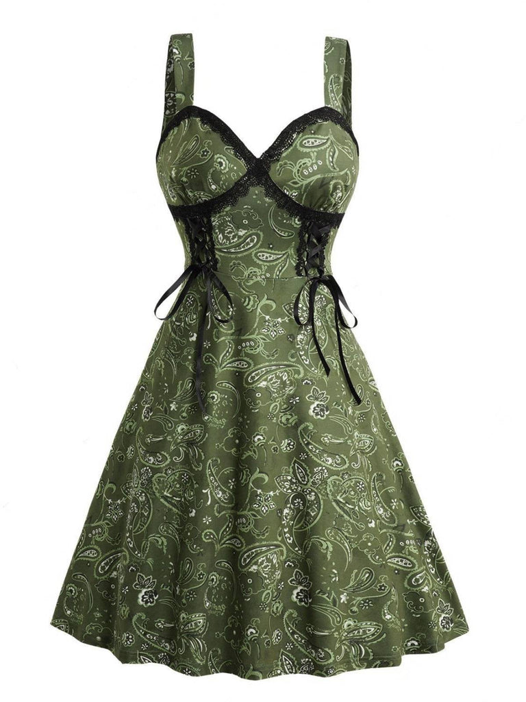 Green 1950s Paisley Lace Patchwork Swing Dress