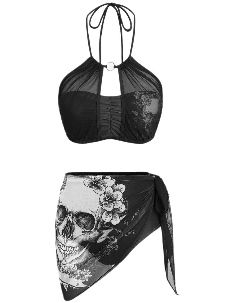 2PCS Black 1980s Gothic Skull Mesh Halter Bikini Set & Cover Up - vintage fashion, retro style, classic black