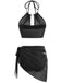 2PCS Black 1980s Gothic Skull Mesh Halter Bikini Set & Cover Up - vintage fashion, retro style, classic black