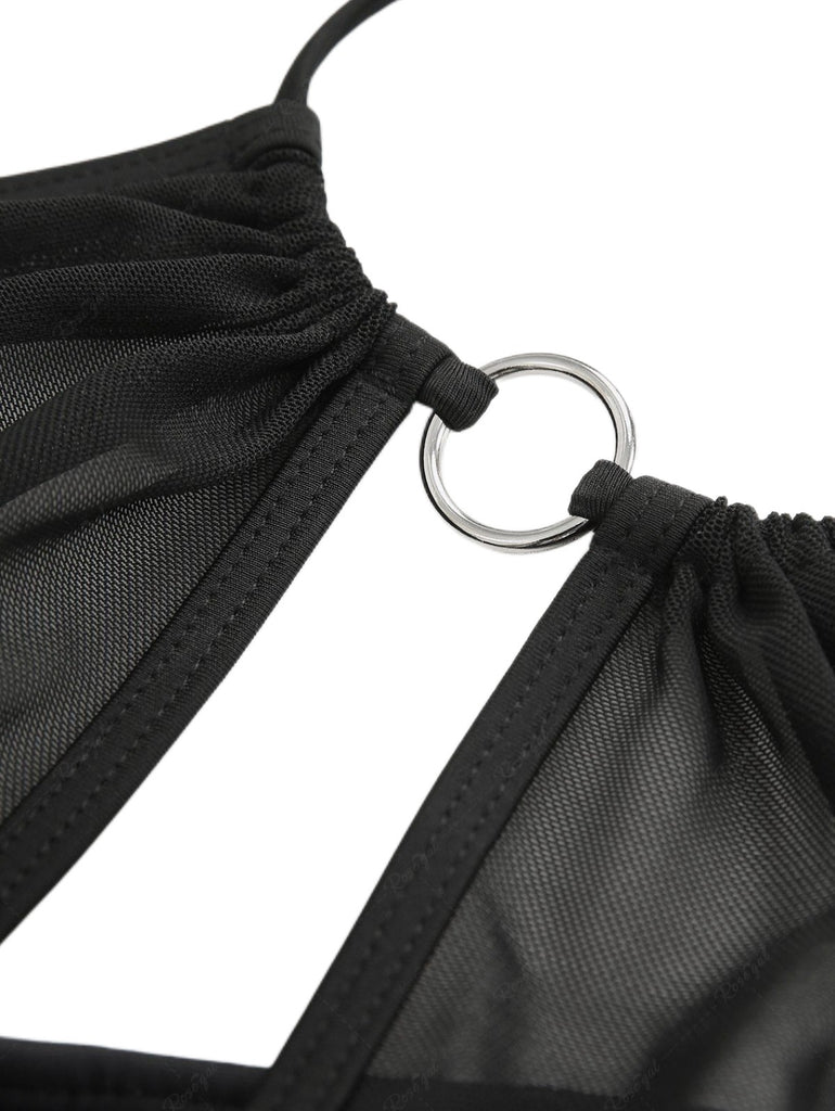 2PCS Black 1980s Gothic Skull Mesh Halter Bikini Set & Cover Up - vintage fashion, retro style, classic black