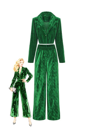 2PCS Green 1980s Solid Pleated Flannelette Blazer & Wide-Leg Pants - vintage fashion, retro style