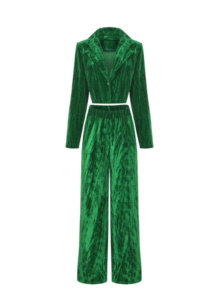 2PCS Green 1980s Solid Pleated Flannelette Blazer & Wide-Leg Pants - vintage fashion, retro style