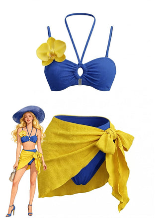 3PCS Blue 1980s Phalaenopsis Halter Bikini Set & Yellow Sarong - vintage fashion, retro style
