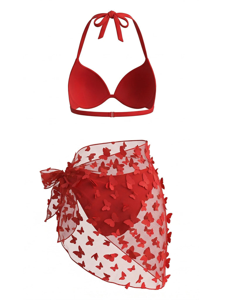 3PCS 1980s Halter Bikini Set & 3D Butterfly Sheer Cover-Up - vintage fashion, retro style
