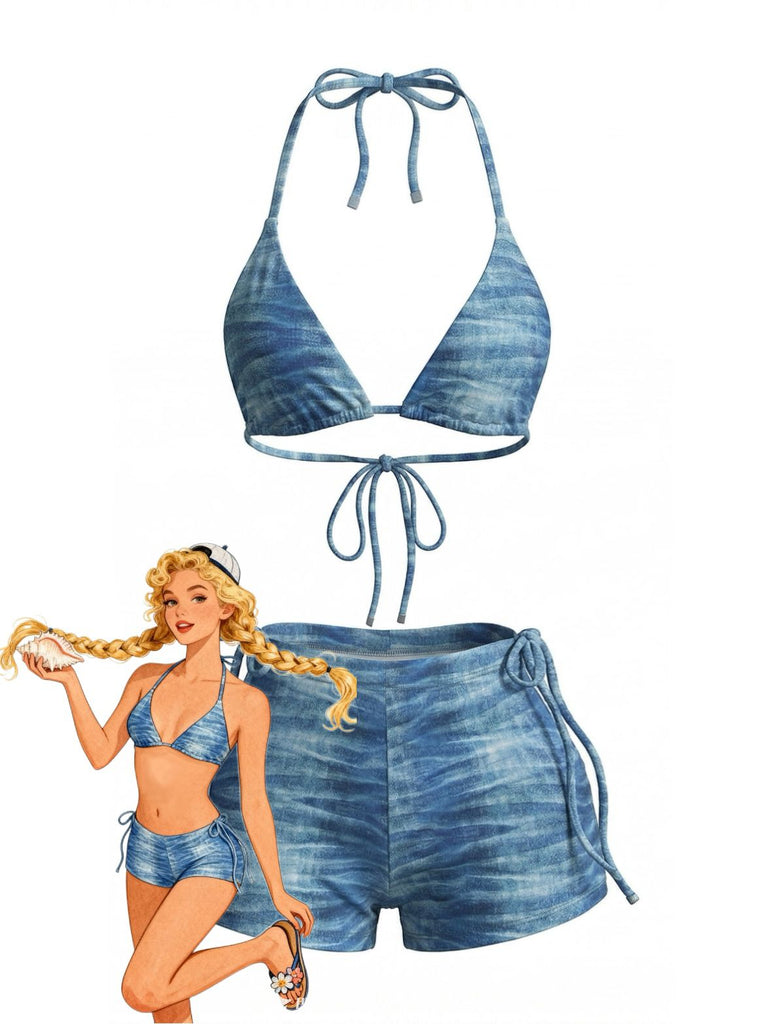 3PCS Light Blue 1980s Denim Plunging Trunks Bikini Set & Shorts - vintage fashion, retro style