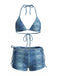 3PCS Light Blue 1980s Denim Plunging Trunks Bikini Set & Shorts - vintage fashion, retro style