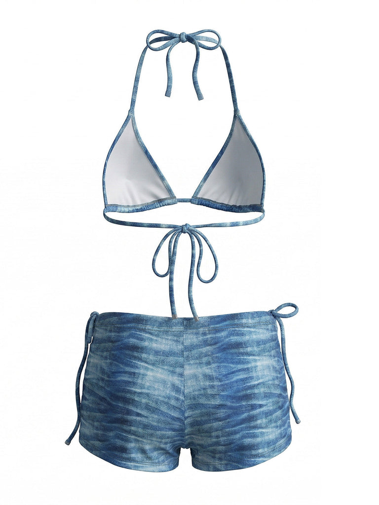3PCS Light Blue 1980s Denim Plunging Trunks Bikini Set & Shorts - vintage fashion, retro style